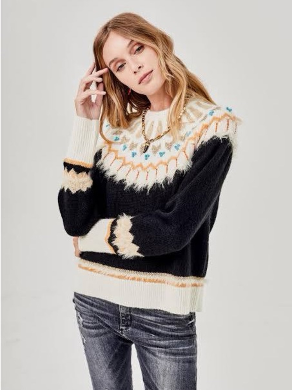 Anthropologie Navy and Cream Patterned Nordic Sweater